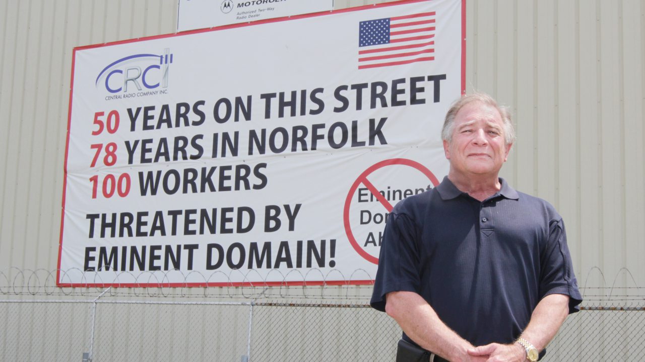 IJ client Bob Wilson is blocked by the city of Norfolk, Va., from displaying a banner protesting eminent domain abuse outside his business, Central Radio Company. Founded by his father in 1934, Central Radio has been building and repairing ship-based radio equipment in Norfolk ever since its opening.