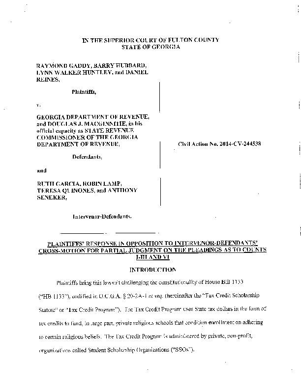 Ga school choice plaintiffs response in opposition to intervenor