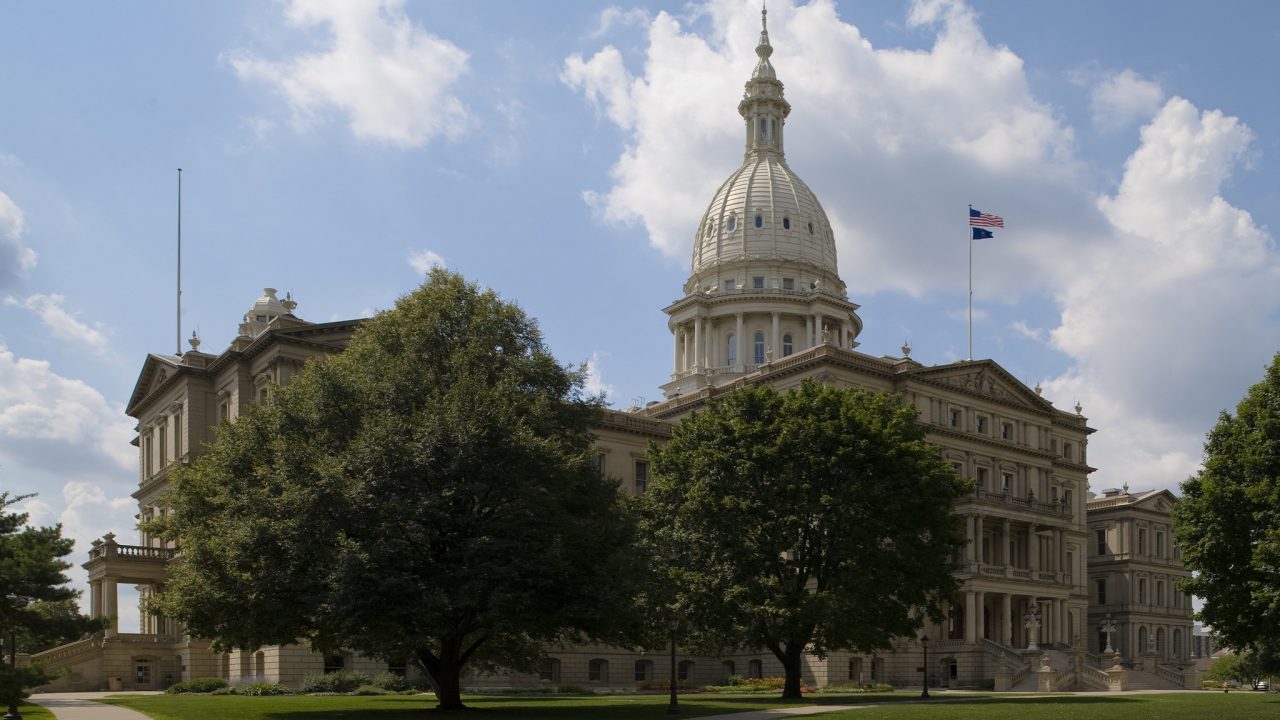 A view of the Michigan State Capitol in Lansing. Designed by Elijah E. Myers and completed in 1878, the Classical Revival building is a National Historic Landmark.