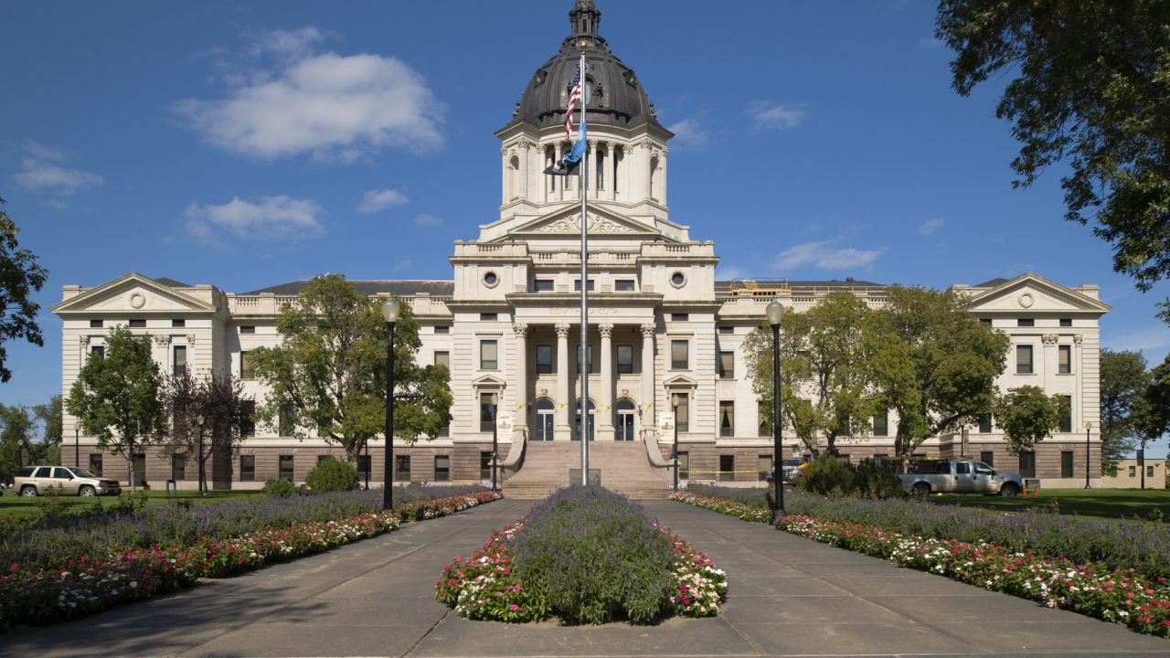 A view of the South Dakota State Capitol in Pierre. Designed by C.E. Bell and M.S. Detwiler and constructed between 1905 and 1910, the Classical Revival structure, built in the American Renaissance style, is listed on the National Register of Historic Places.