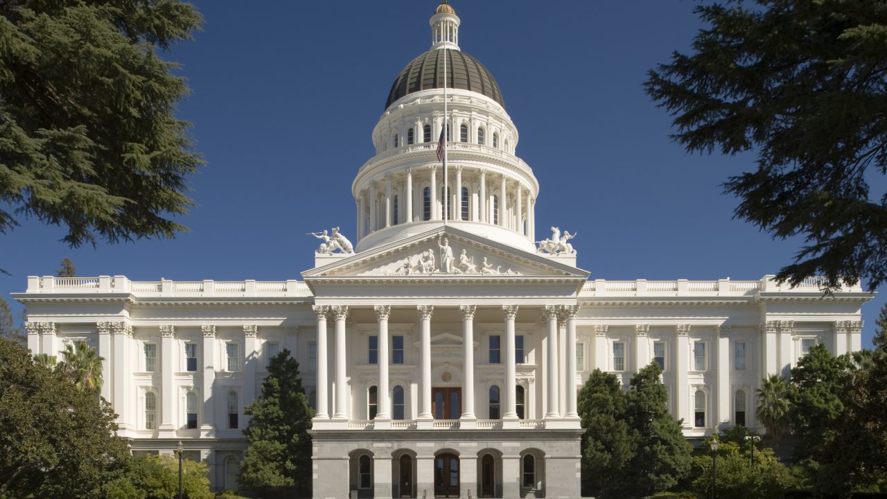 A view of the California State Capitol in Sacramento. Designed by Miner Frederick Butler and constructed between 1860 and 1874, the building was completely reconstructed between 1975 and 1982 after a study revealed that the building might not have survived an earthquake. The Classical Revival structure is listed on the National Register of Historic Places and is a California Historic Landmark.