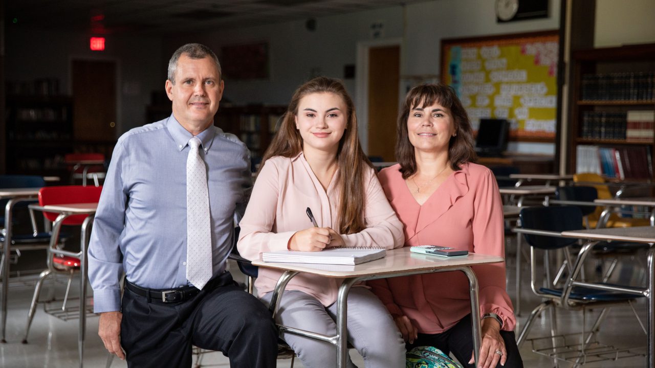 Alan and Judy Gillis with their daughter at Bangor Christian Schools in Maine. The Gillises are one of three families that sued Maine over a program that bans families from an otherwise generally available student-aid program if they choose to send their children to schools that teach religion.
