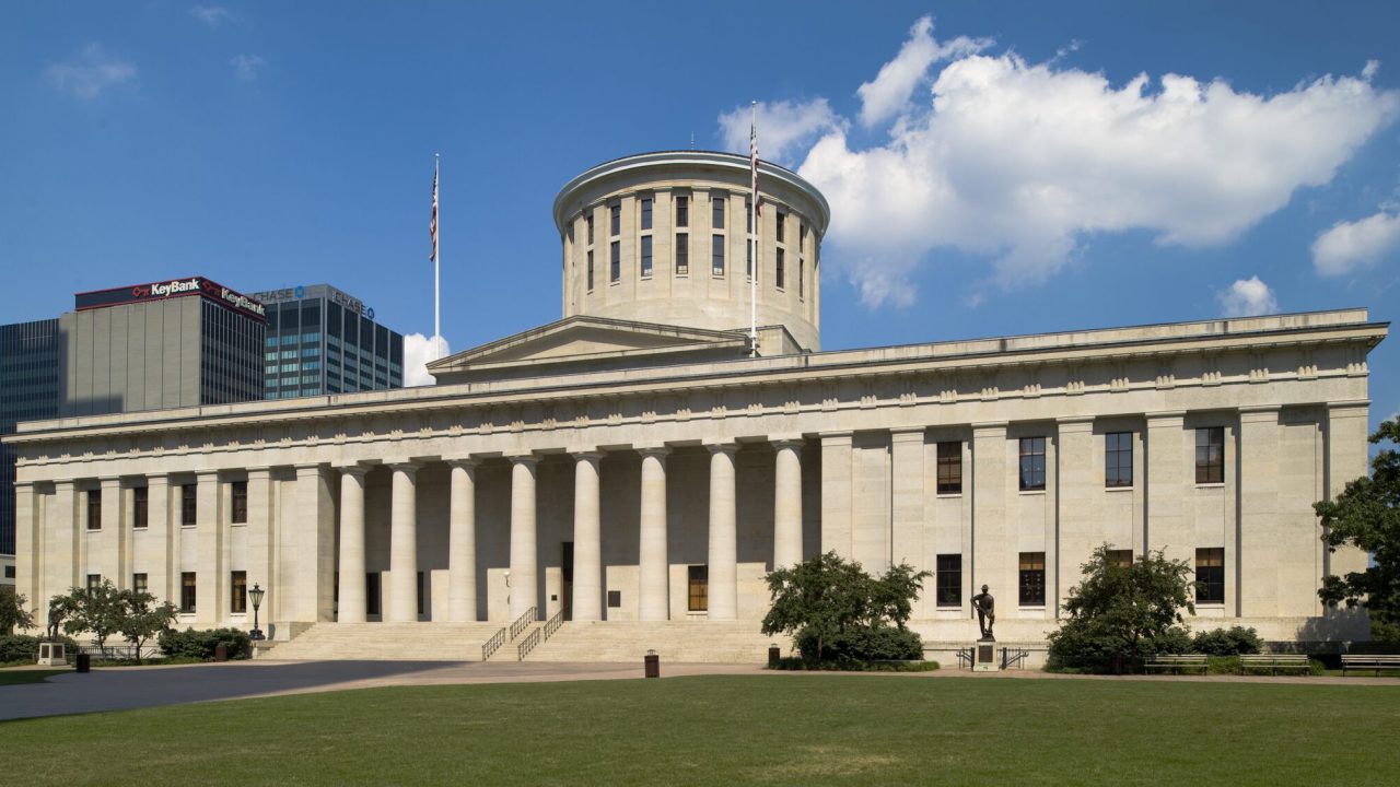 A view of the Ohio Statehouse in Columbus. Constructed between 1839 and 1961, the Greek Revival building is a National Historic Landmark.