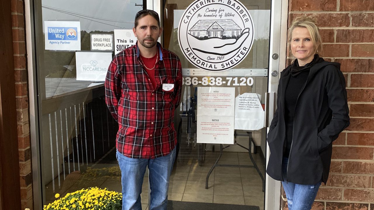 Shelter night manager (Derek Wyatt) and Board chair (Elizabeth Huffman) at their temporary facilities, Crossfire United Methodist Church, 3200 Statesville Rd.