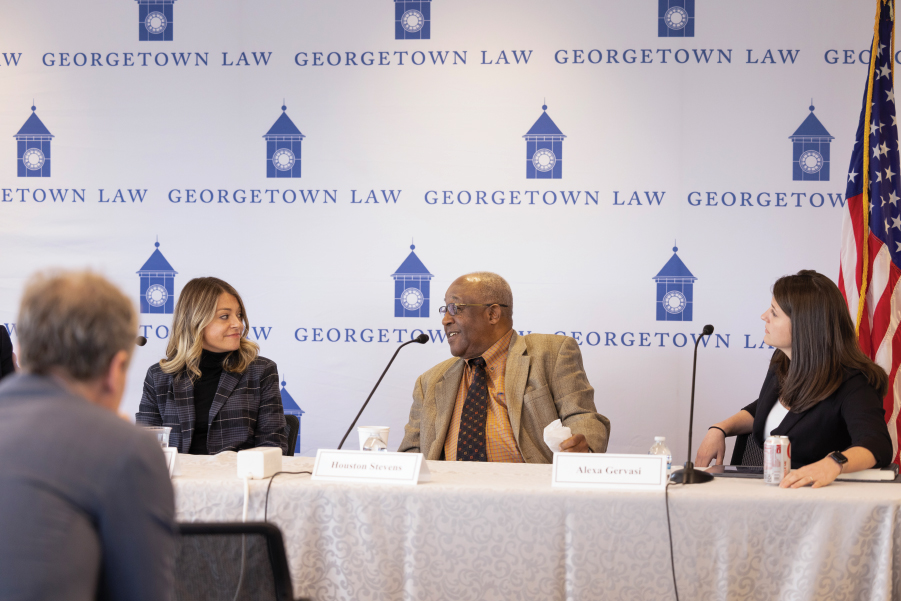 Houston Stevens (center), a plaintiff in a 1961 landmark civil rights case Monroe v. Pape, speaks on a panel on government immunity at Georgetown University Law Center.