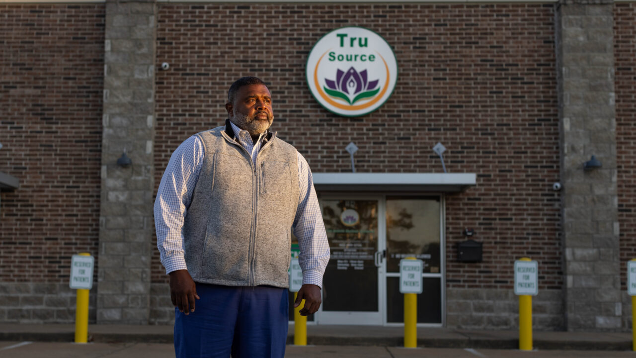 Clarence Cocroft II poses outside his medical cannabis dispensary, Tru Source Medical Cannabis. Clarence has teamed up with IJ to file a federal lawsuit challenging Mississippi's ban on advertising medical cannabis dispensaries.