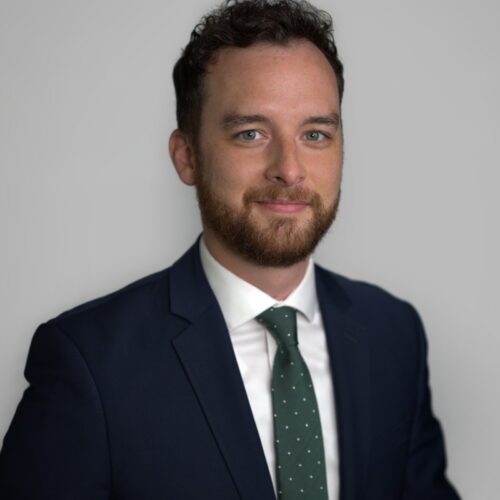 Man with beard in navy suit and green polka-dot tie, professional headshot portrait