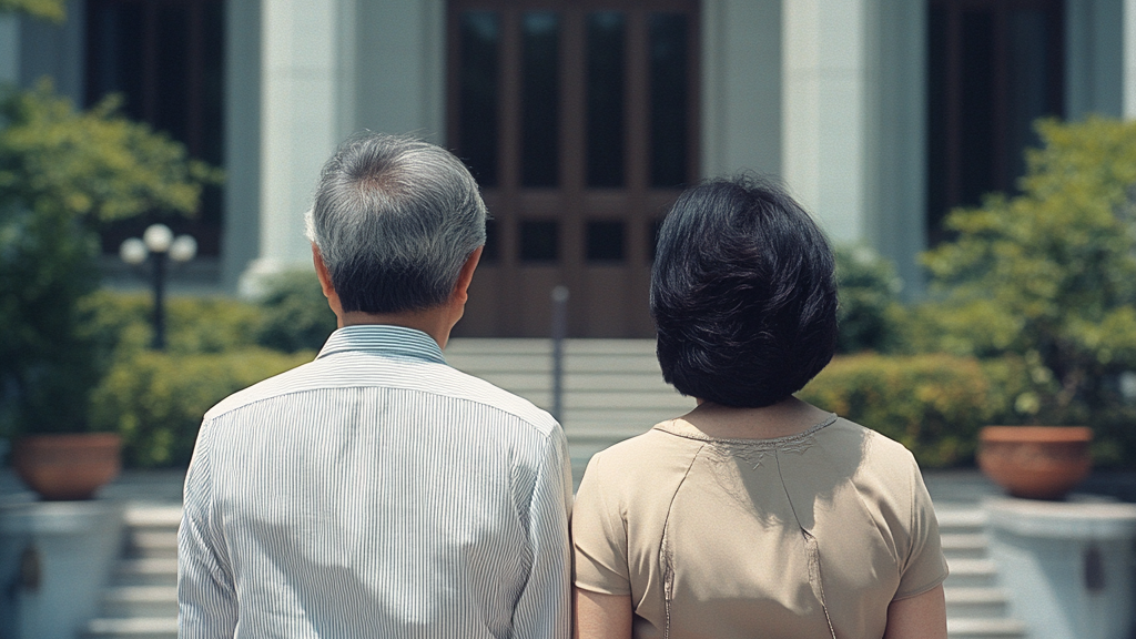 Asian couple stands in front of courtroom