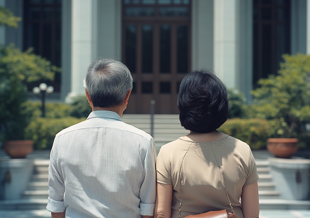 Asian couple stands in front of courtroom