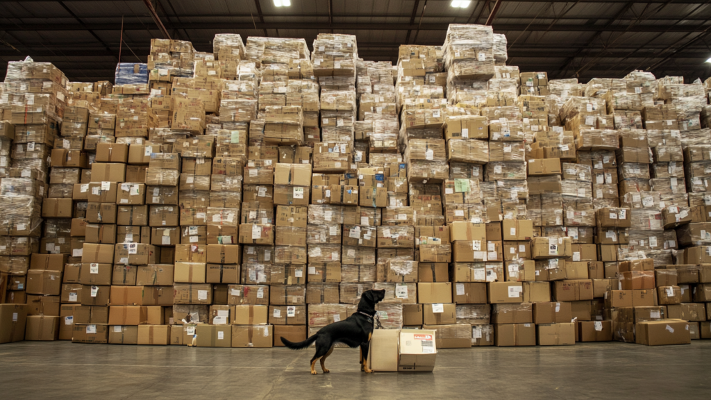Dog sniffing a cardboard box in a warehouse stacked high with wrapped packages