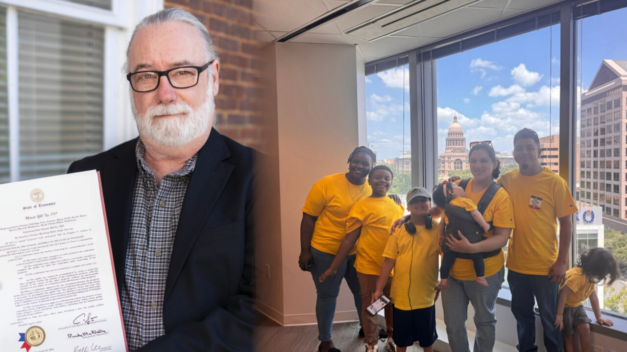 IJ David Seal (left) poses with a presentation copy of one of the two eminent domain reform bills that were enacted during the 2024 session. Shinara Morrison family and friends (right) advocating for Educational Choice at the Texas capitol.