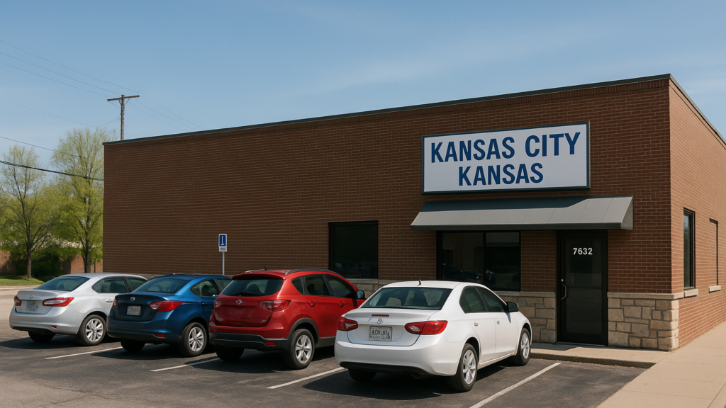 A parking lot outside a business in Kansas City, Kansas. Created with ChatGPT.