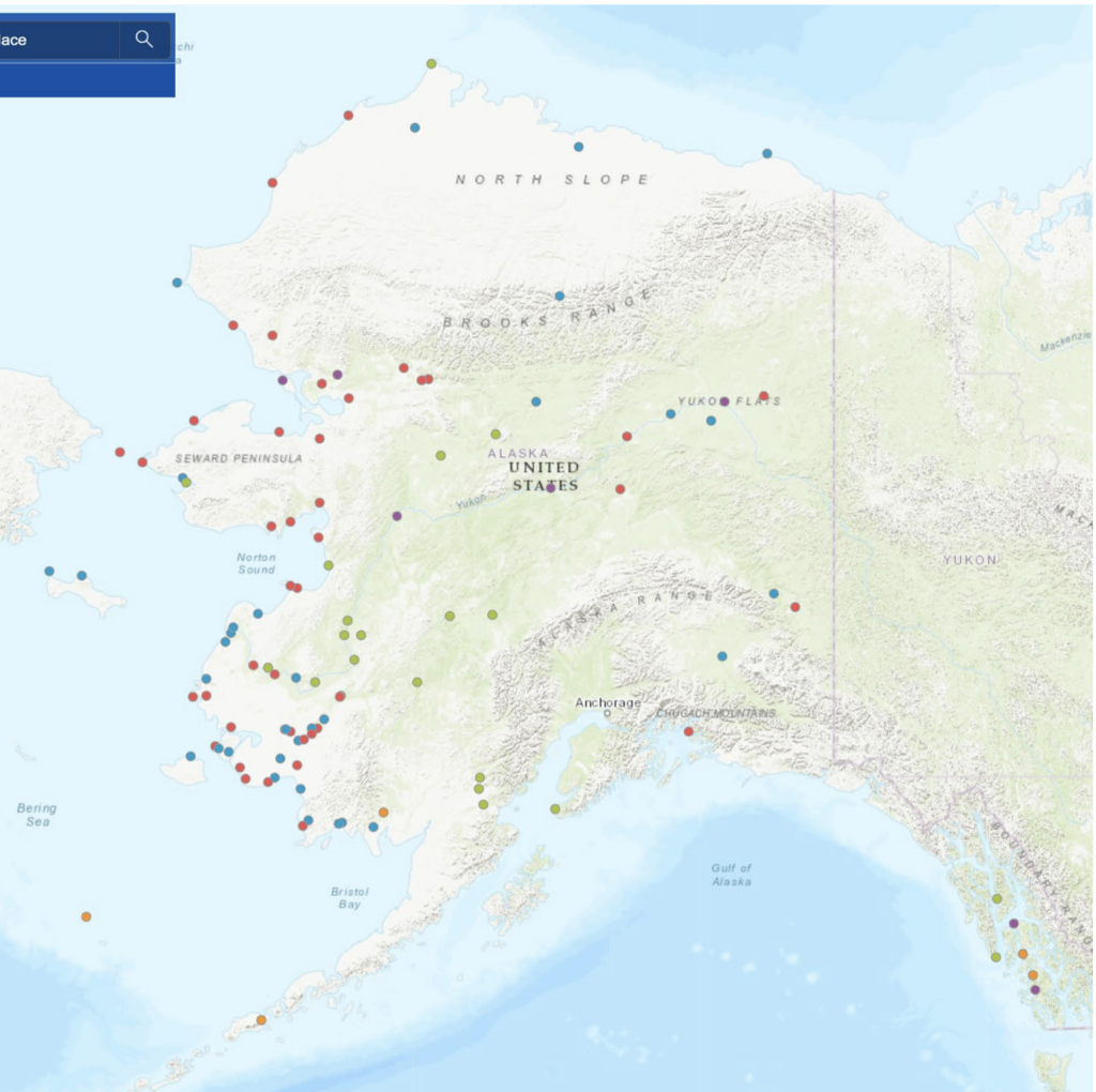 Map of Alaska with colored dots marking locations across the state, including North Slope, Seward Peninsula, and regions around Anchorage