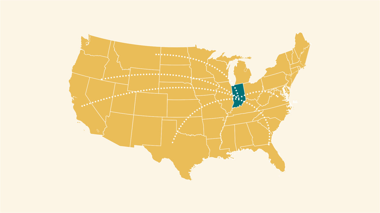 U.S. map with Indiana highlighted, connected by dotted lines to other states