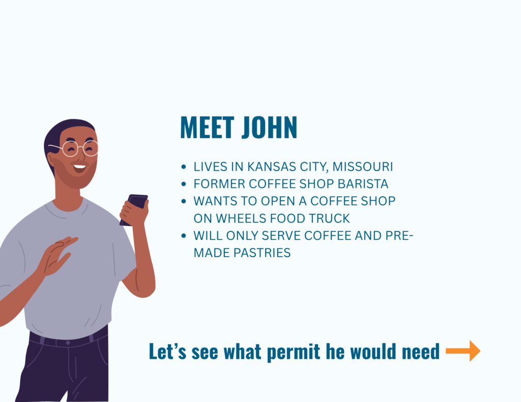 Illustrated man holding a phone beside bullet points describing John's food truck plan