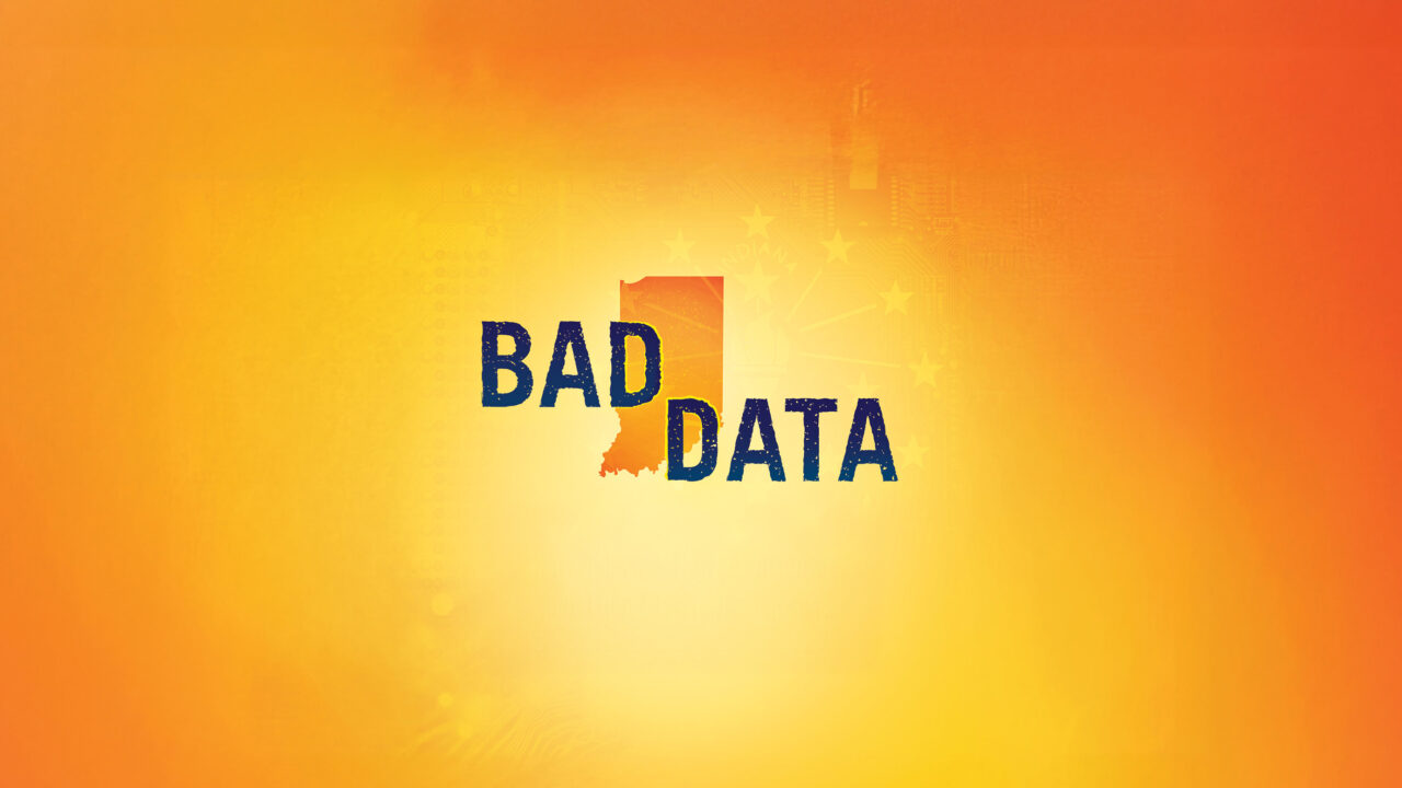 Bad Data' text over an Indiana state outline on an orange gradient background
