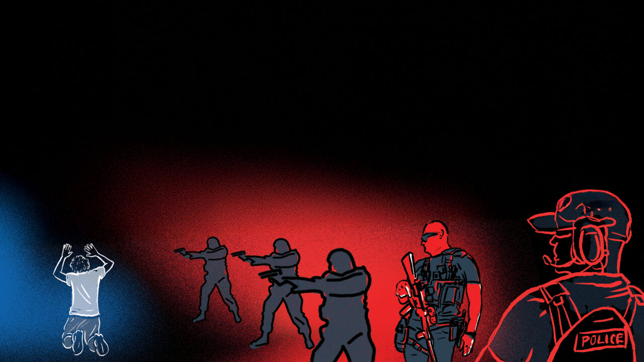 Illustration showing progression from person with hands raised to armed officers in tactical gear with POLICE label