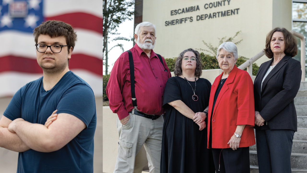 Young man with glasses standing with arms crossed before American flag; four individuals standing before Escambia County Sheriff's Department building