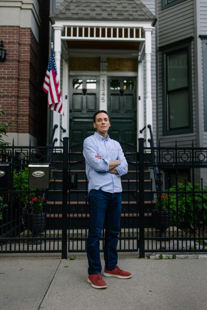 Leo Feler stands outside his home in Chicago, which was warrantlessly raided by Customs and Border Protection officers in October 2025.