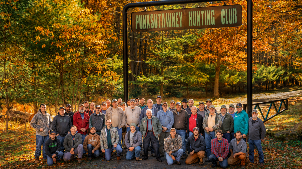 Large group of hunting club members gathered beneath Punxsutawney Hunting Club sign surrounded by autumn foliage