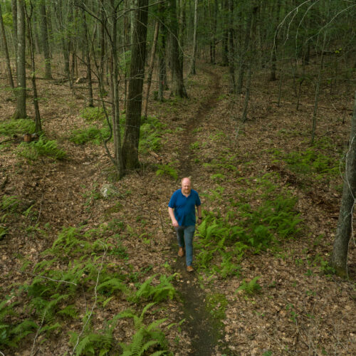 Charles Copley walks a dirt trail through ferns and trees on his Roxbury, Connecticut property