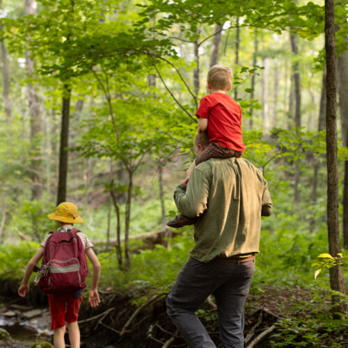 Charles Copley carries his son while hiking a wooded trail with his other child in Roxbury, Connecticut