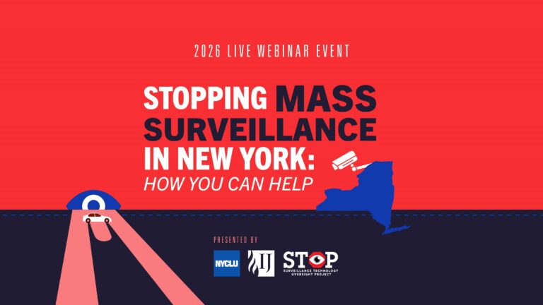 Webinar banner with surveillance camera icon, New York state silhouette, and text about stopping mass surveillance, presented by NYCLU, IJ, and STOP