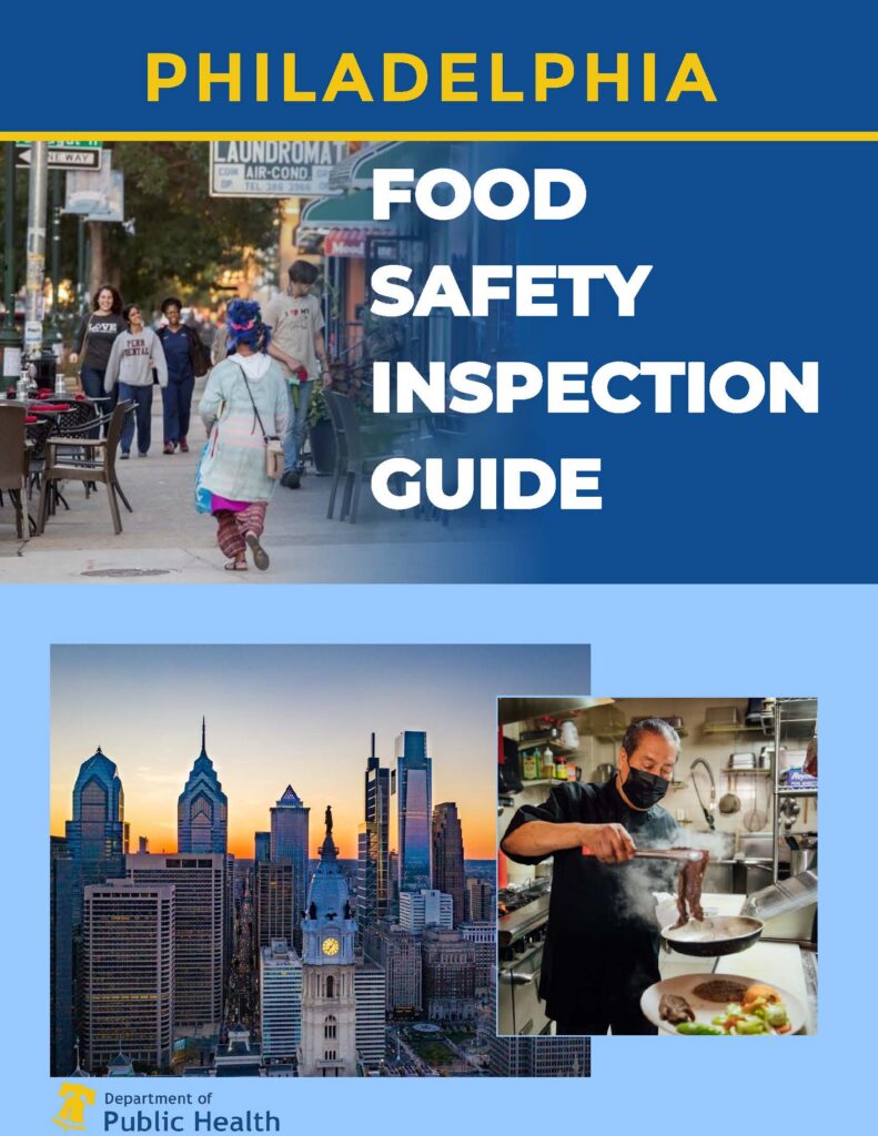 Cover of Philadelphia Food Safety Inspection Guide with skyline, chef, and street scene