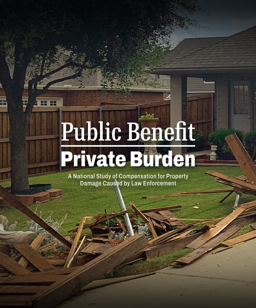 Broken fence boards scattered in a yard, illustrating property damage caused by law enforcement