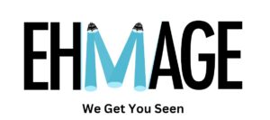 Ehmage logo with two spotlight beams forming the letter M, tagline We Get You Seen