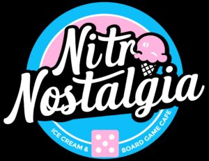 Nitro Nostalgia logo with ice cream cone graphic, ice cream and game cafe branding
