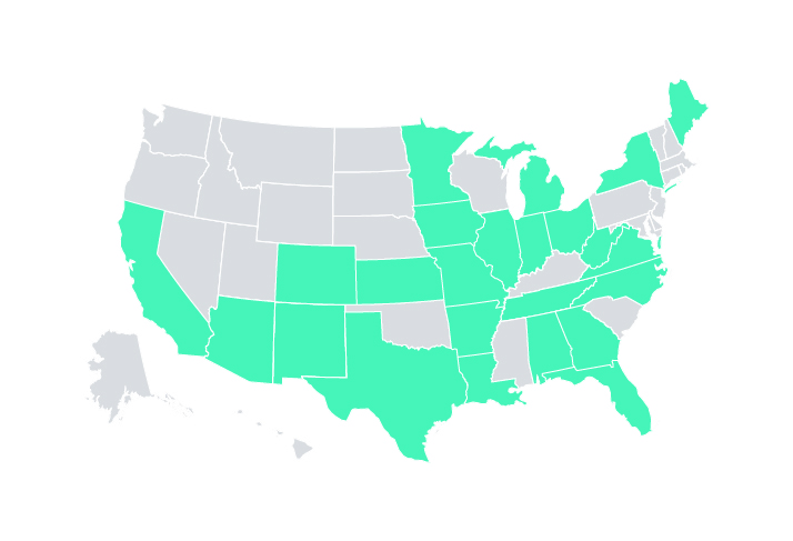 US map with certain states highlighted in green, others shown in gray