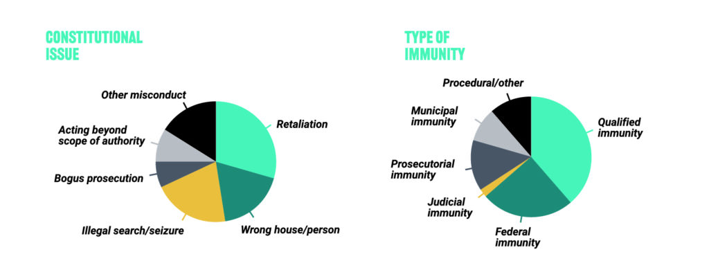 Two pie charts comparing constitutional issues and types of immunity in misconduct cases