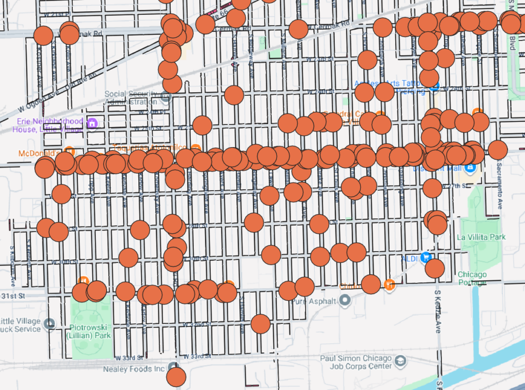 Map of Chicago's Little Village marking numerous restaurant locations with orange dots