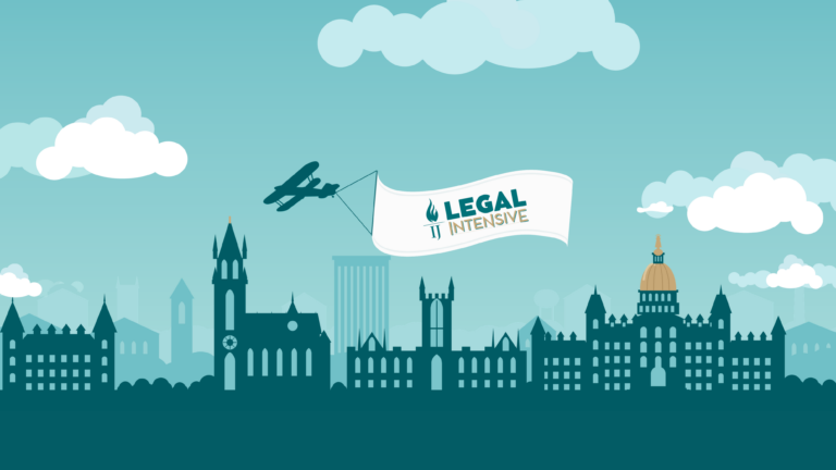 Illustrated biplane towing a Legal Intensive banner over a city skyline with a capitol dome