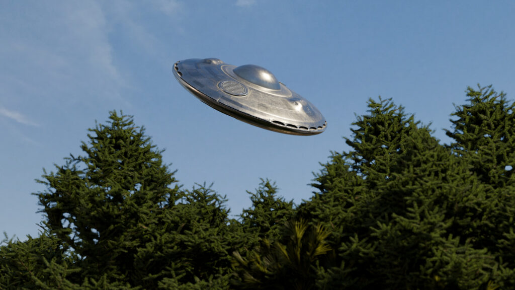 Silver flying saucer hovers above treetops in a clear blue sky, a 3D-rendered illustration