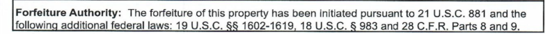 Document text citing forfeiture authority under 21 U.S.C. 881 and related federal laws