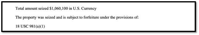 Document stating $1,060,100 in U.S. currency seized, subject to forfeiture under 18 USC 981(a)(1)